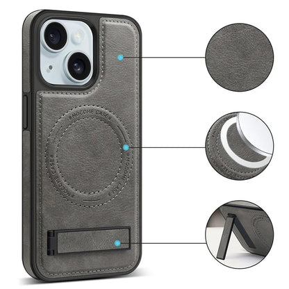 For iPhone 15 Magnetic Phone Case PU Leather Coated TPU + PC Drop-proof Foldable Kickstand Cover