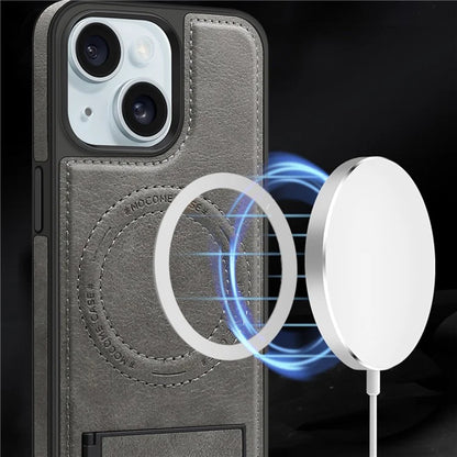 For iPhone 15 Magnetic Phone Case PU Leather Coated TPU + PC Drop-proof Foldable Kickstand Cover