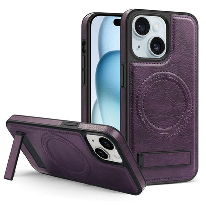 For iPhone 15 Magnetic Phone Case PU Leather Coated TPU + PC Drop-proof Foldable Kickstand Cover