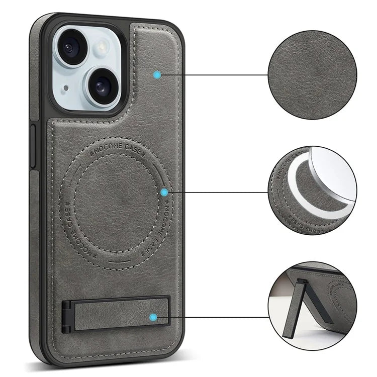 For iPhone 15 Magnetic Phone Case PU Leather Coated TPU + PC Drop-proof Foldable Kickstand Cover