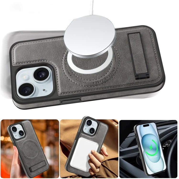 For iPhone 15 Magnetic Phone Case PU Leather Coated TPU + PC Drop-proof Foldable Kickstand Cover