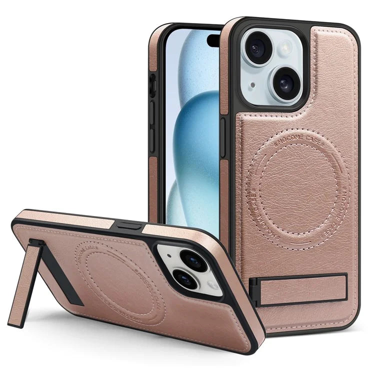 For iPhone 15 Magnetic Phone Case PU Leather Coated TPU + PC Drop-proof Foldable Kickstand Cover