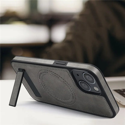 For iPhone 15 Magnetic Phone Case PU Leather Coated TPU + PC Drop-proof Foldable Kickstand Cover