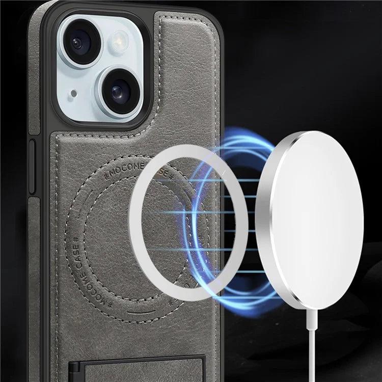 For iPhone 15 Magnetic Phone Case PU Leather Coated TPU + PC Drop-proof Foldable Kickstand Cover
