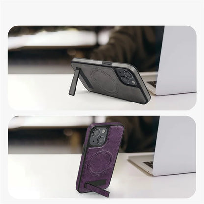For iPhone 15 Magnetic Phone Case PU Leather Coated TPU + PC Drop-proof Foldable Kickstand Cover
