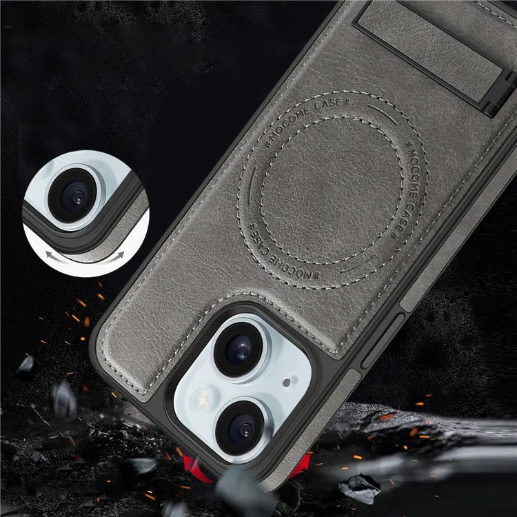 For iPhone 15 Magnetic Phone Case PU Leather Coated TPU + PC Drop-proof Foldable Kickstand Cover