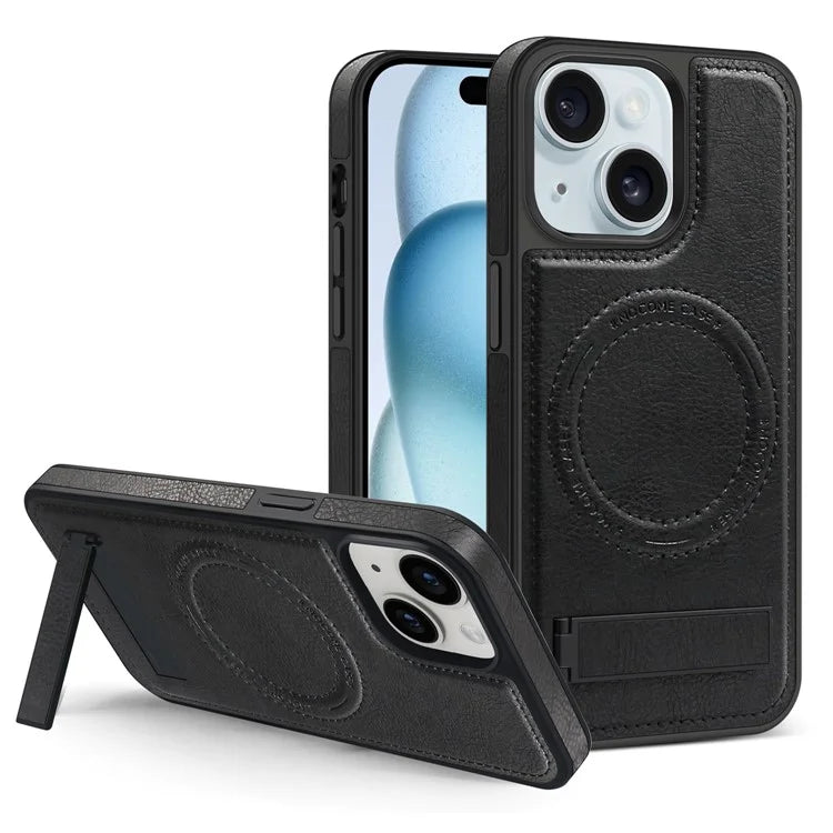 For iPhone 15 Magnetic Phone Case PU Leather Coated TPU + PC Drop-proof Foldable Kickstand Cover