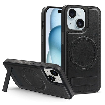 For iPhone 15 Magnetic Phone Case PU Leather Coated TPU + PC Drop-proof Foldable Kickstand Cover