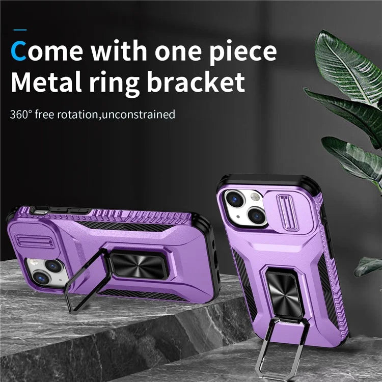 For iPhone 12 mini / 13 mini Phone Case Rotate Ring Kickstand Cover Slide Lens Protection