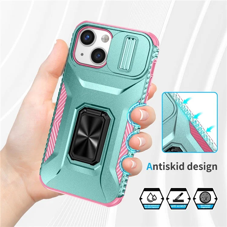 For iPhone 12 mini / 13 mini Phone Case Rotate Ring Kickstand Cover Slide Lens Protection