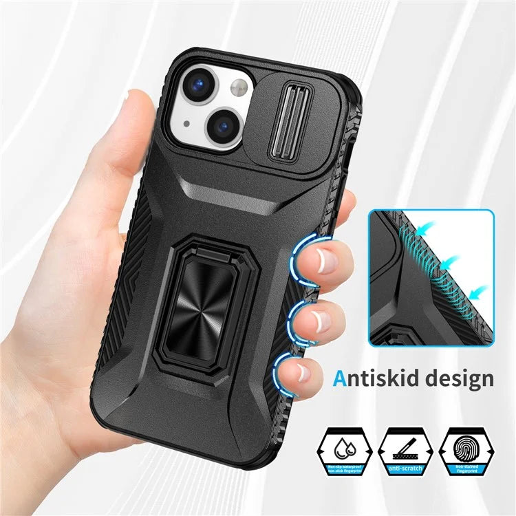 For iPhone 12 mini / 13 mini Phone Case Rotate Ring Kickstand Cover Slide Lens Protection