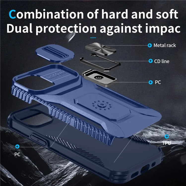 For iPhone 12 mini / 13 mini Phone Case Rotate Ring Kickstand Cover Slide Lens Protection