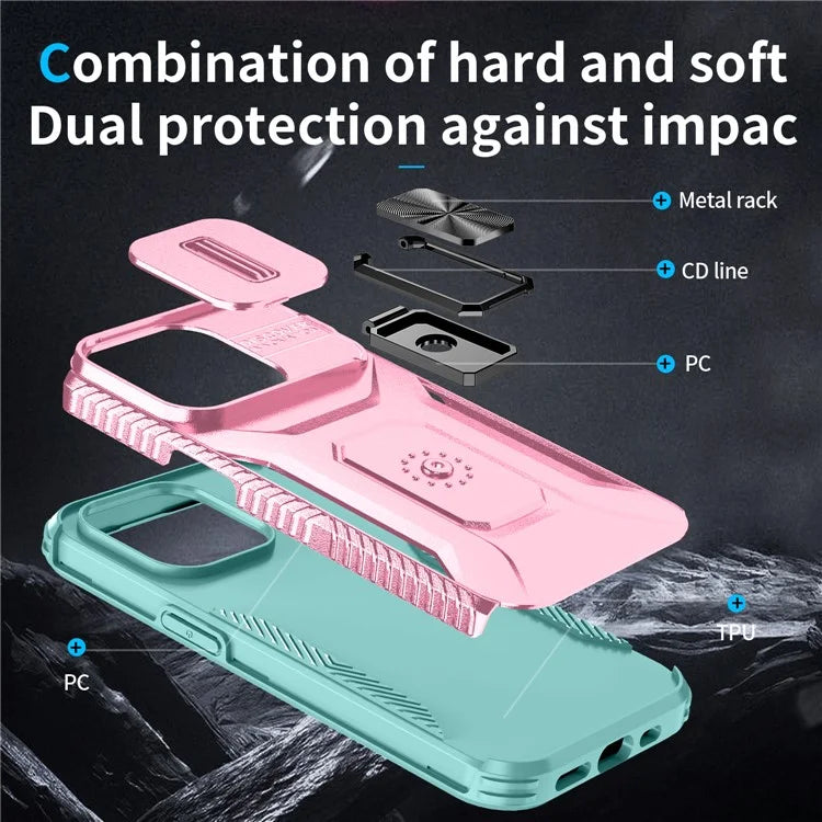 For iPhone 13 Pro Phone Case Impact-Resistant Armor Cover with Slide Camera Lid