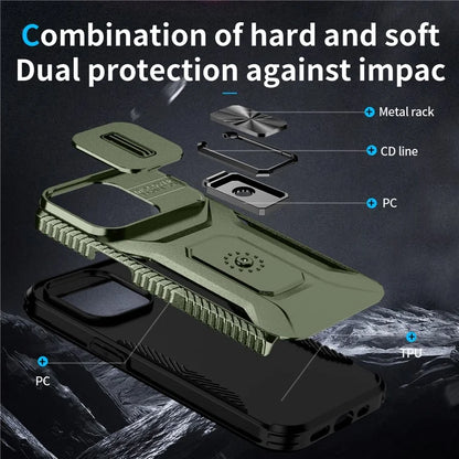 For iPhone 13 Pro Phone Case Impact-Resistant Armor Cover with Slide Camera Lid