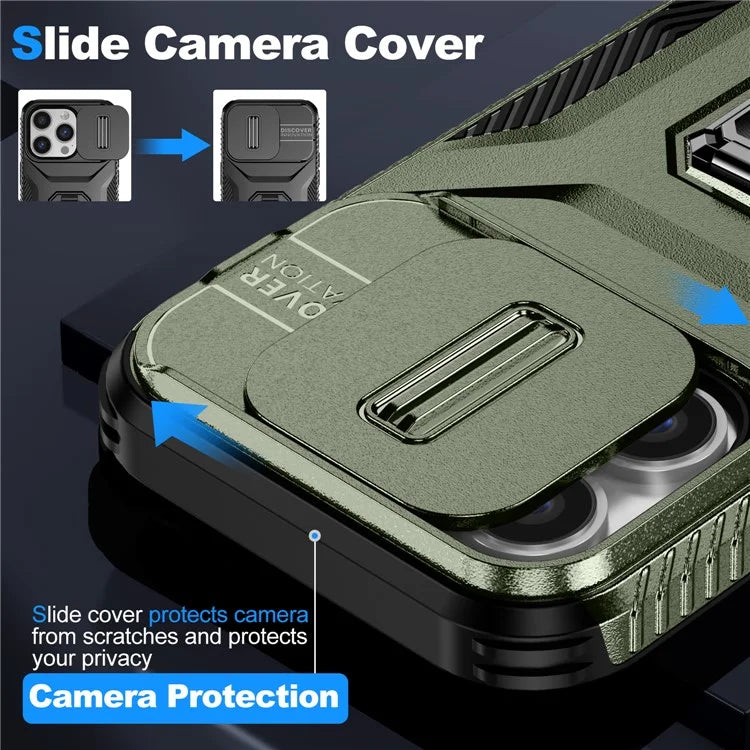 For iPhone 13 Pro Phone Case Impact-Resistant Armor Cover with Slide Camera Lid
