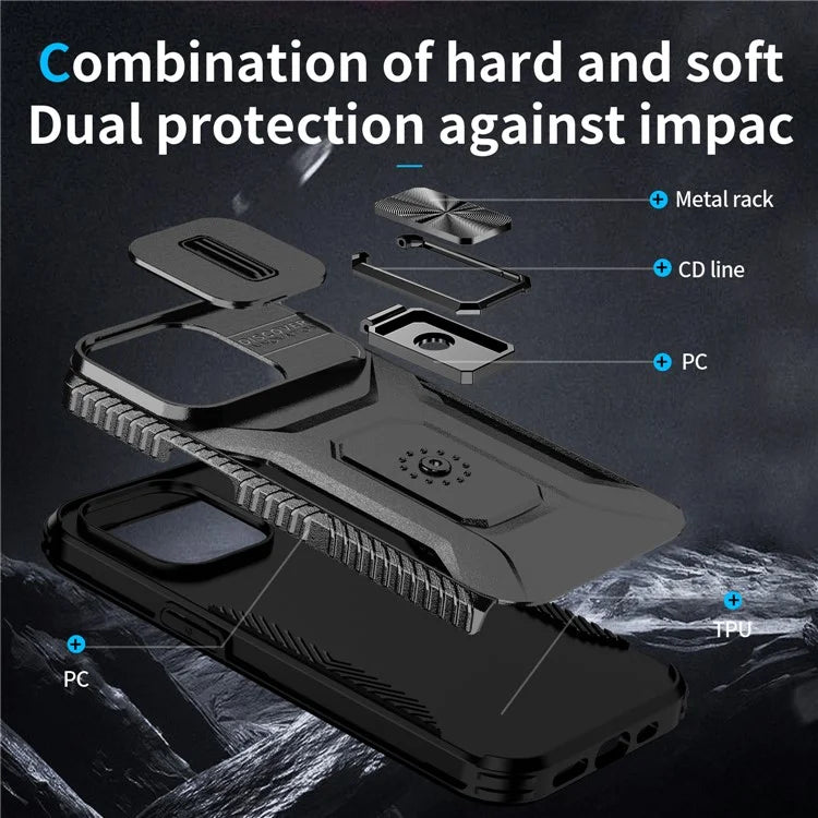 For iPhone 13 Pro Phone Case Impact-Resistant Armor Cover with Slide Camera Lid