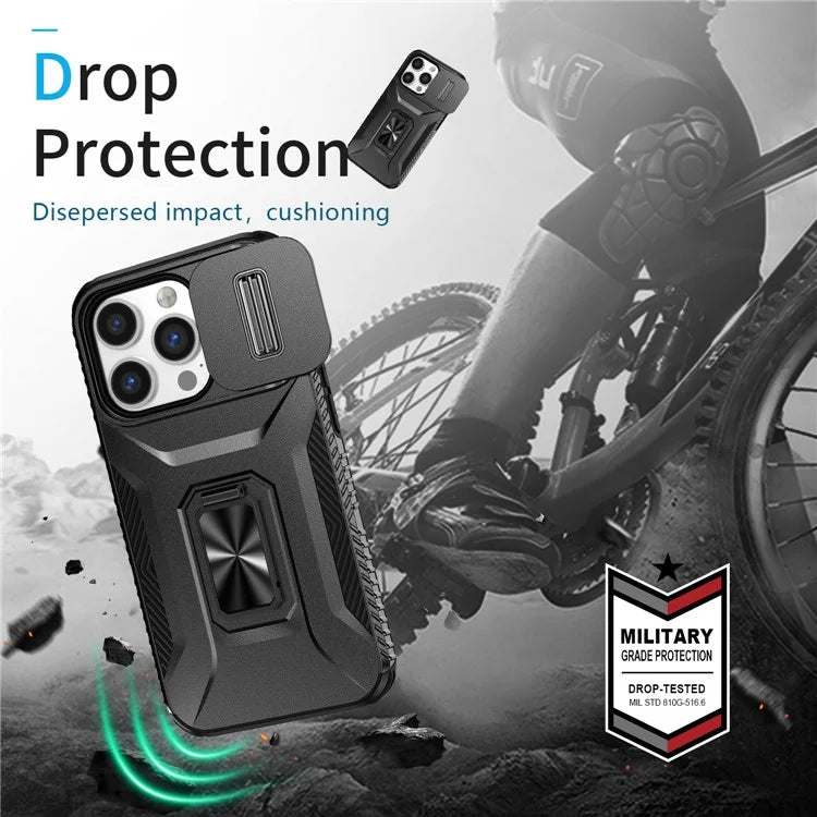 For iPhone 13 Pro Phone Case Impact-Resistant Armor Cover with Slide Camera Lid