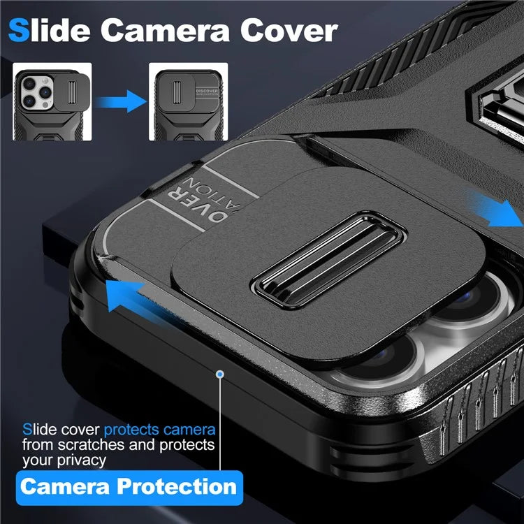 For iPhone 13 Pro Phone Case Impact-Resistant Armor Cover with Slide Camera Lid