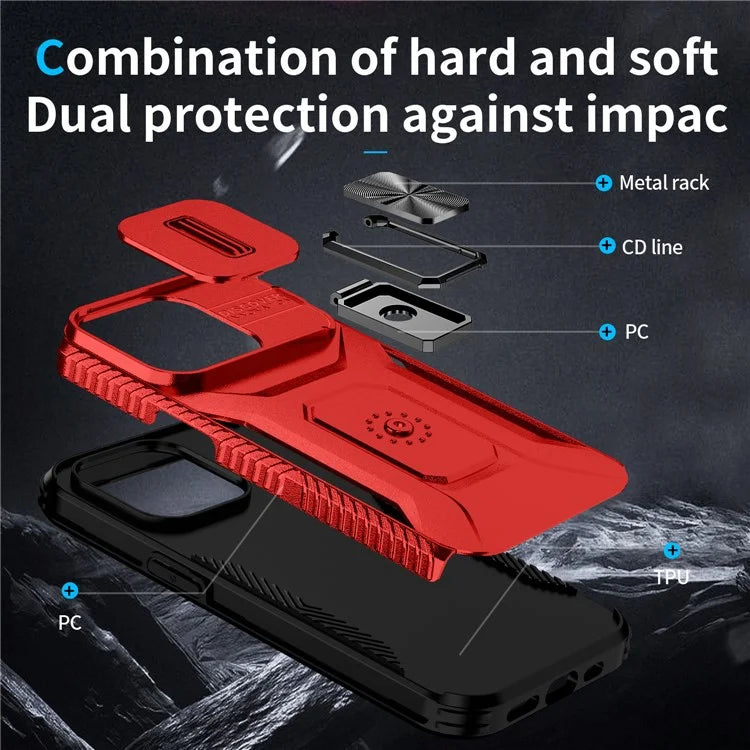 For iPhone 13 Pro Phone Case Impact-Resistant Armor Cover with Slide Camera Lid