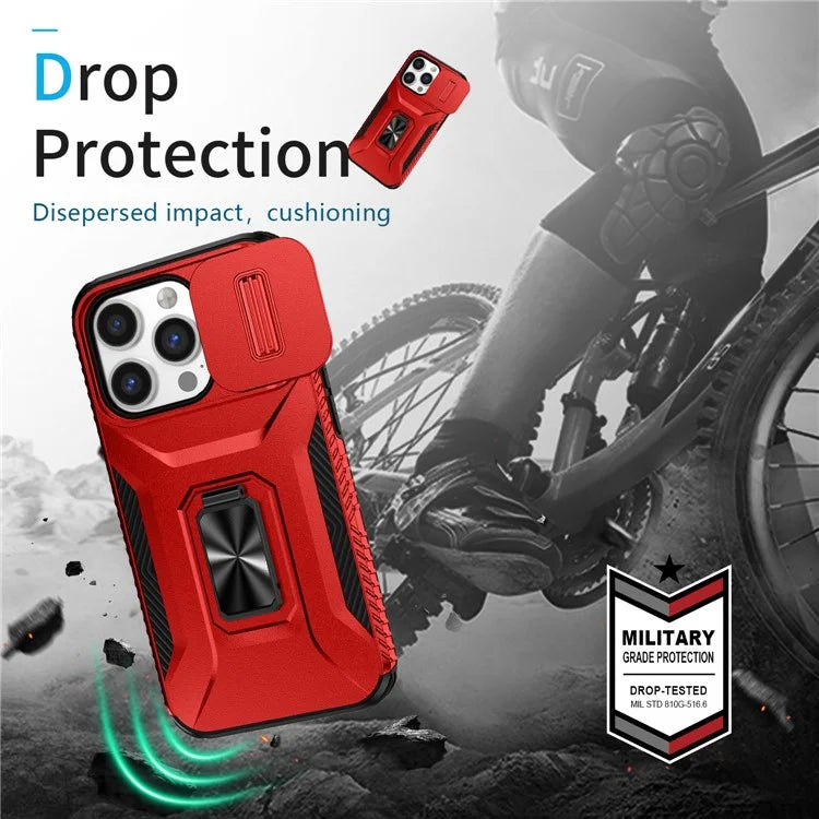 For iPhone 13 Pro Phone Case Impact-Resistant Armor Cover with Slide Camera Lid