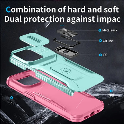 For iPhone 13 Pro Phone Case Impact-Resistant Armor Cover with Slide Camera Lid