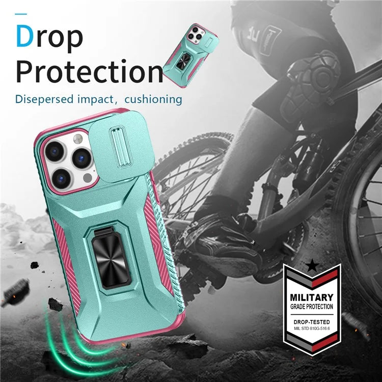 For iPhone 13 Pro Phone Case Impact-Resistant Armor Cover with Slide Camera Lid