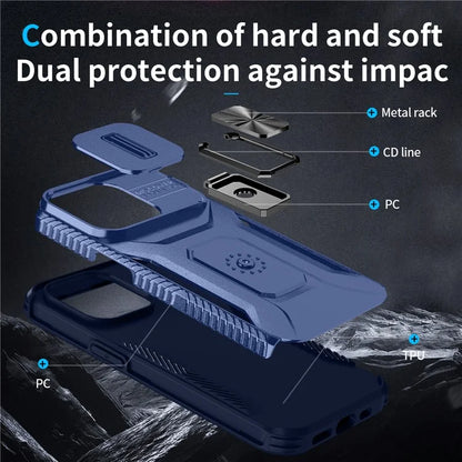 For iPhone 13 Pro Phone Case Impact-Resistant Armor Cover with Slide Camera Lid