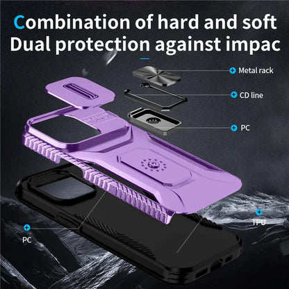 For iPhone 13 Pro Phone Case Impact-Resistant Armor Cover with Slide Camera Lid