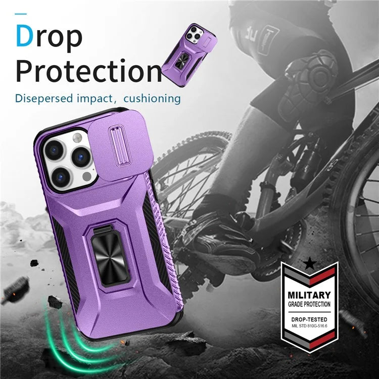 For iPhone 13 Pro Phone Case Impact-Resistant Armor Cover with Slide Camera Lid