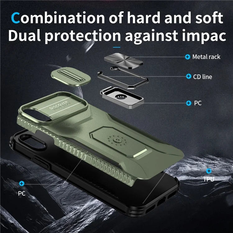 For iPhone X / XS Case with Camera Cover Slider, PC+TPU Armour Phone Shell