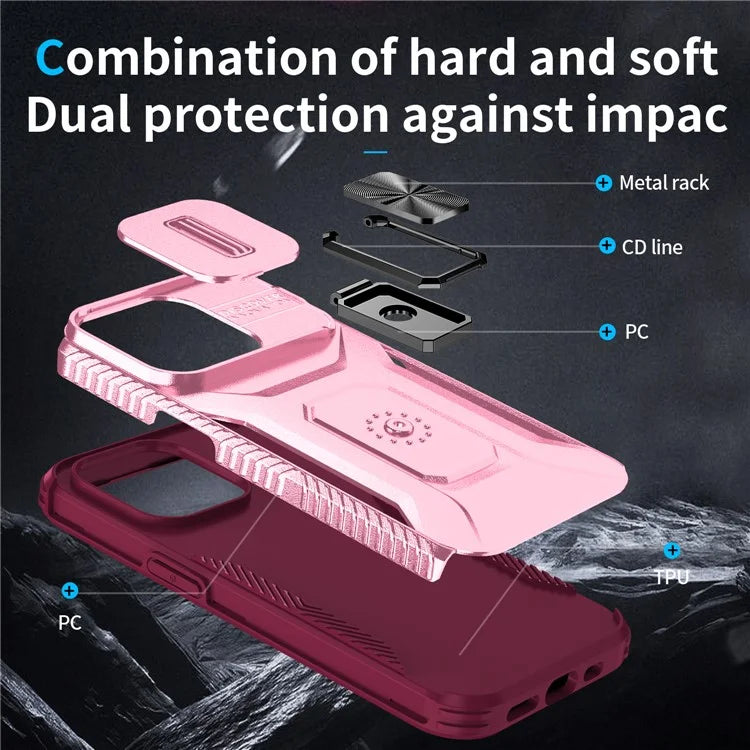 For iPhone 14 Pro Cell Phone Case Slide Lens Lid PC+TPU Ring Kickstand Protective Cover