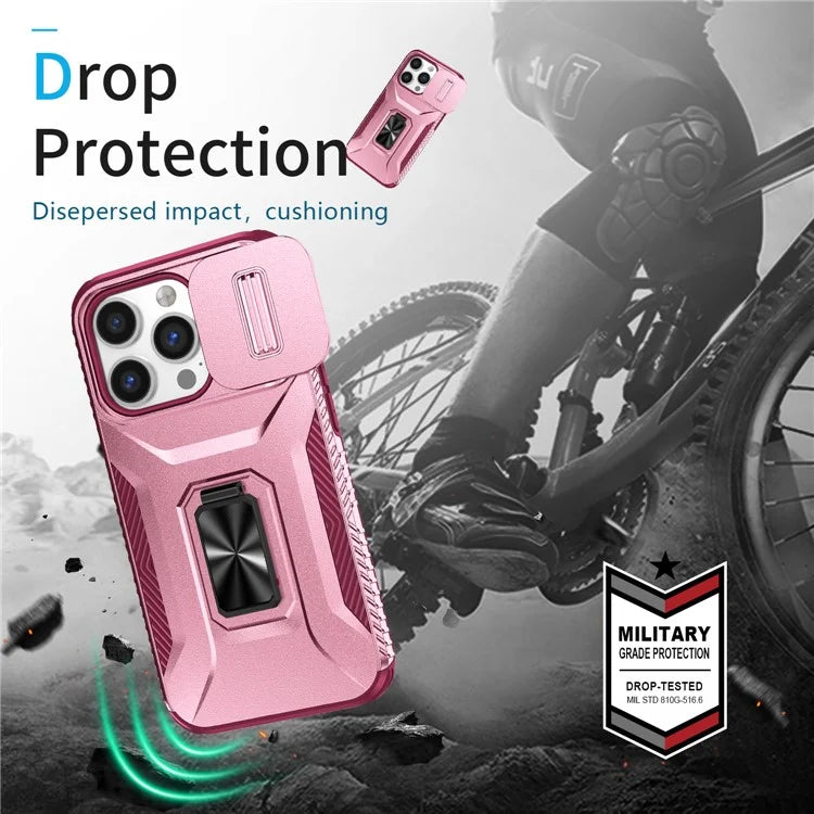 For iPhone 14 Pro Cell Phone Case Slide Lens Lid PC+TPU Ring Kickstand Protective Cover