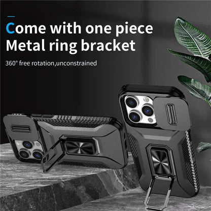 For iPhone 14 Pro Cell Phone Case Slide Lens Lid PC+TPU Ring Kickstand Protective Cover