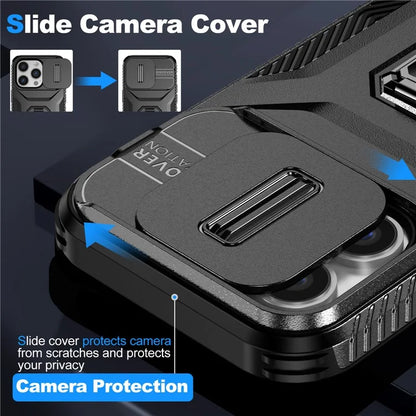 For iPhone 14 Pro Cell Phone Case Slide Lens Lid PC+TPU Ring Kickstand Protective Cover