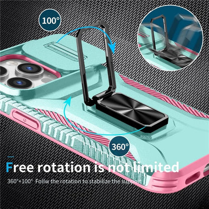 For iPhone 14 Pro Cell Phone Case Slide Lens Lid PC+TPU Ring Kickstand Protective Cover