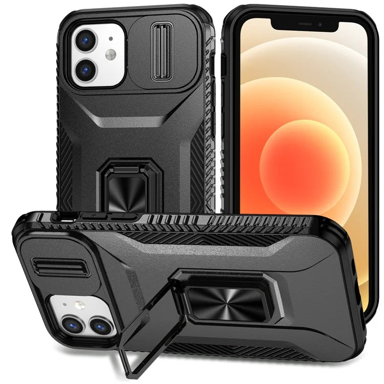 Anti-fall Phone Case for iPhone 12 6.1 inch / 12 Pro 6.1 inch Shell Rotate Kickstand Slide Lens Window Cover