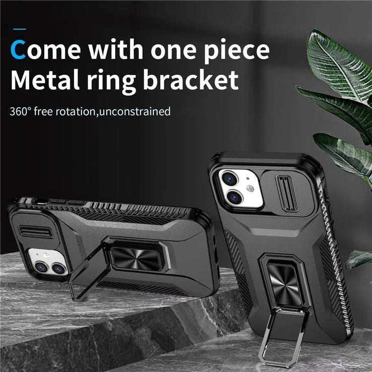 Anti-fall Phone Case for iPhone 12 6.1 inch / 12 Pro 6.1 inch Shell Rotate Kickstand Slide Lens Window Cover