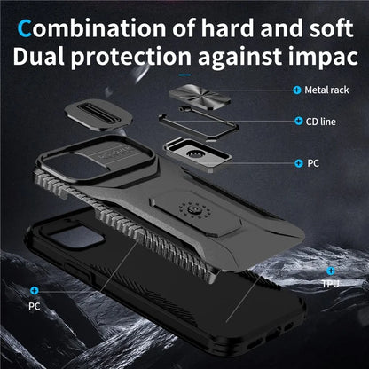 Anti-fall Phone Case for iPhone 12 6.1 inch / 12 Pro 6.1 inch Shell Rotate Kickstand Slide Lens Window Cover