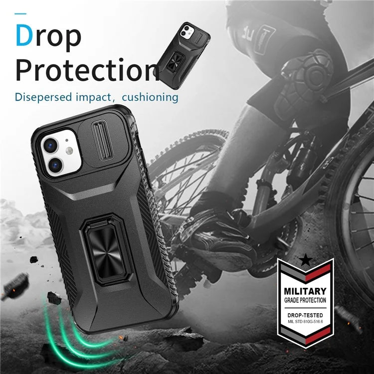 Anti-fall Phone Case for iPhone 12 6.1 inch / 12 Pro 6.1 inch Shell Rotate Kickstand Slide Lens Window Cover