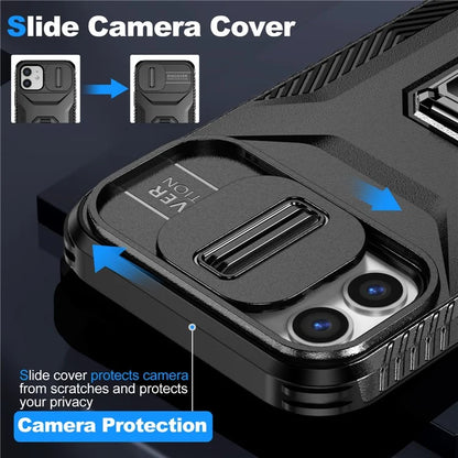 Anti-fall Phone Case for iPhone 12 6.1 inch / 12 Pro 6.1 inch Shell Rotate Kickstand Slide Lens Window Cover