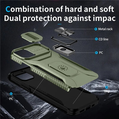Anti-fall Phone Case for iPhone 12 6.1 inch / 12 Pro 6.1 inch Shell Rotate Kickstand Slide Lens Window Cover