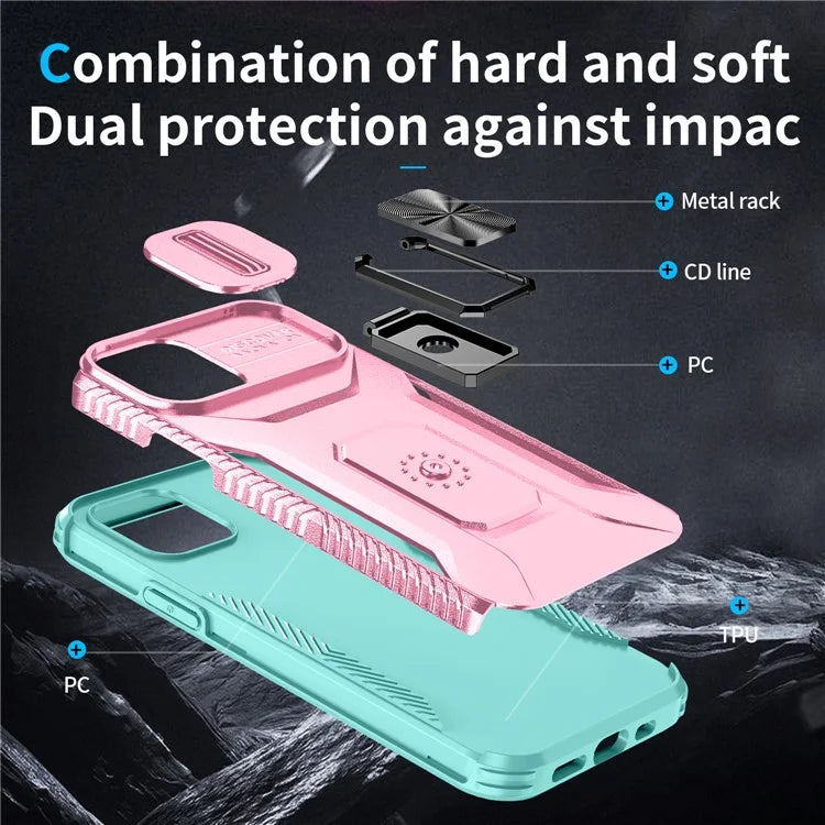 Anti-fall Phone Case for iPhone 12 6.1 inch / 12 Pro 6.1 inch Shell Rotate Kickstand Slide Lens Window Cover
