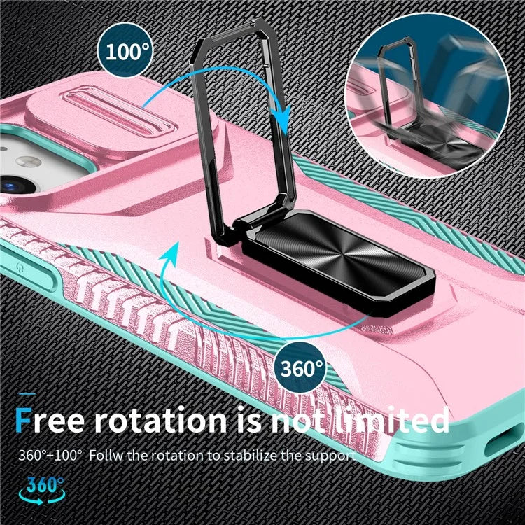 Anti-fall Phone Case for iPhone 12 6.1 inch / 12 Pro 6.1 inch Shell Rotate Kickstand Slide Lens Window Cover
