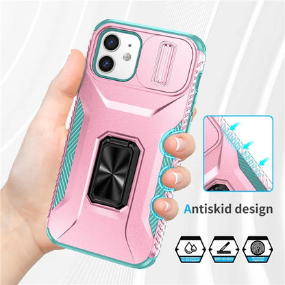 Anti-fall Phone Case for iPhone 12 6.1 inch / 12 Pro 6.1 inch Shell Rotate Kickstand Slide Lens Window Cover