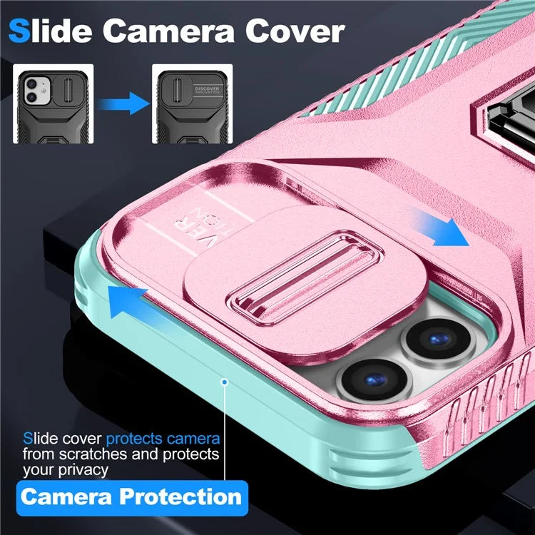Anti-fall Phone Case for iPhone 12 6.1 inch / 12 Pro 6.1 inch Shell Rotate Kickstand Slide Lens Window Cover