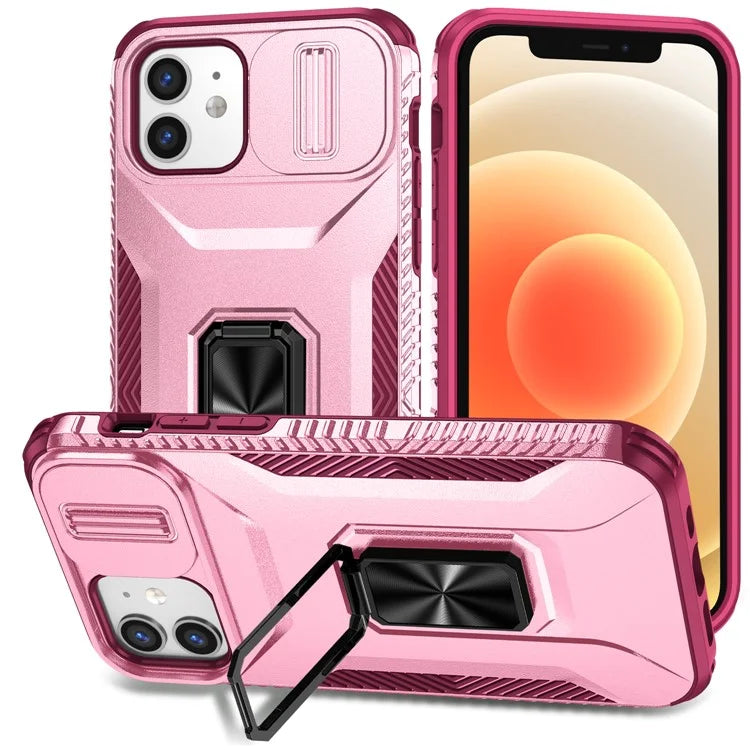 Anti-fall Phone Case for iPhone 12 6.1 inch / 12 Pro 6.1 inch Shell Rotate Kickstand Slide Lens Window Cover