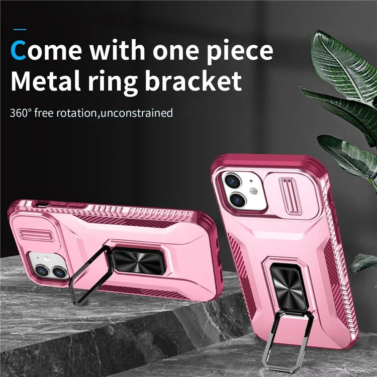 Anti-fall Phone Case for iPhone 12 6.1 inch / 12 Pro 6.1 inch Shell Rotate Kickstand Slide Lens Window Cover