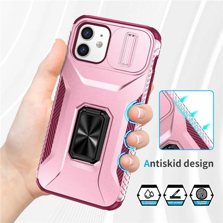 Anti-fall Phone Case for iPhone 12 6.1 inch / 12 Pro 6.1 inch Shell Rotate Kickstand Slide Lens Window Cover