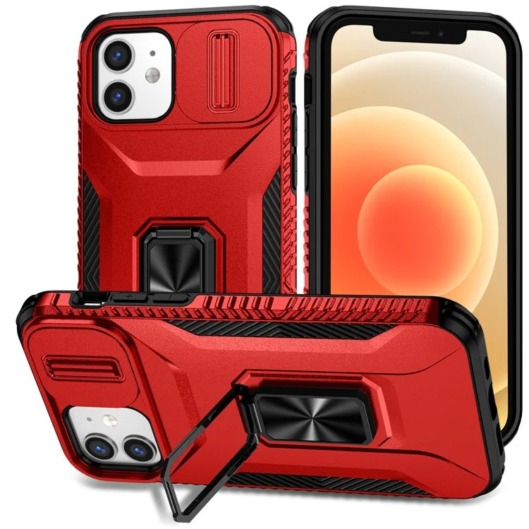 Anti-fall Phone Case for iPhone 12 6.1 inch / 12 Pro 6.1 inch Shell Rotate Kickstand Slide Lens Window Cover