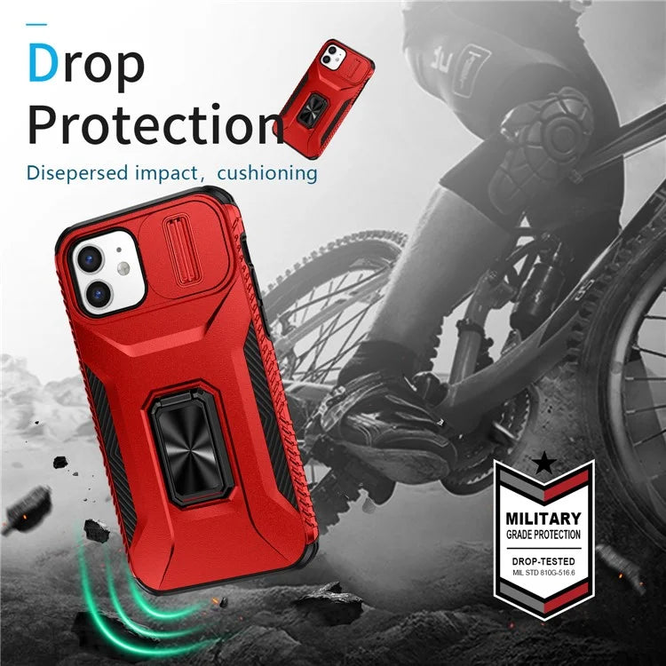 Anti-fall Phone Case for iPhone 12 6.1 inch / 12 Pro 6.1 inch Shell Rotate Kickstand Slide Lens Window Cover